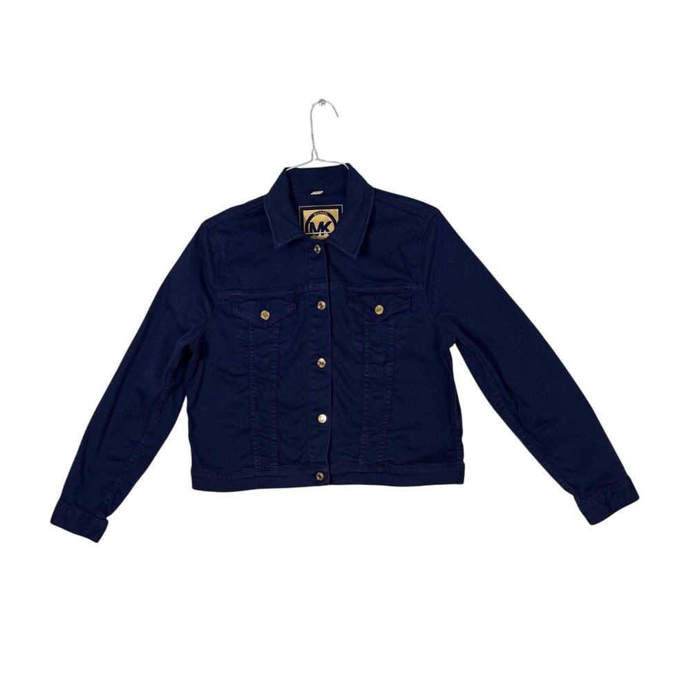 Michael Kors Navy Blue Denim Trucker Jacket Gold Logo Buttons XL QS01B3D94L